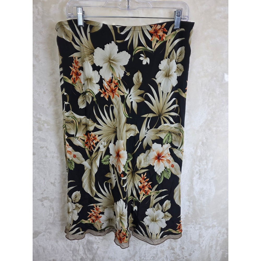 Vintage .L.B. Women Black Tropical Floral Silk Midi Skirt Leopard‎ Trim